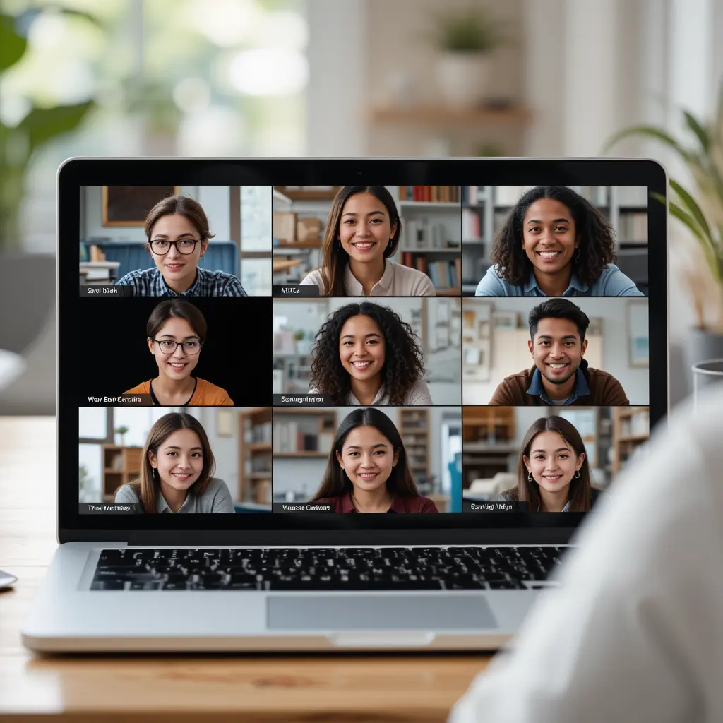 A virtual study group on a laptop screen with students smiling and discussing topics