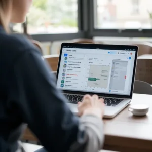 A college student sitting at a desk with a laptop, using Notion AI best ai tool to organize their study tasks. The screen shows a clean task list and calendar