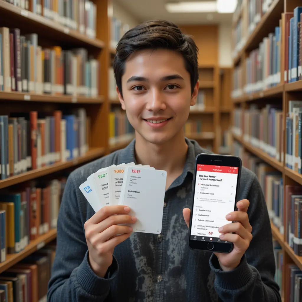 A student holding flashcards in a library setting flashcard interface