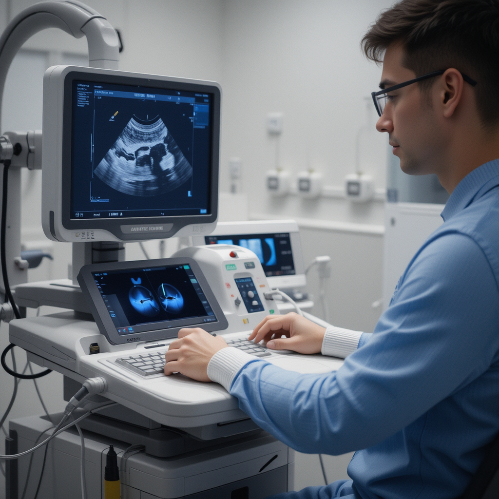 Ultrasound technician operating an imaging device