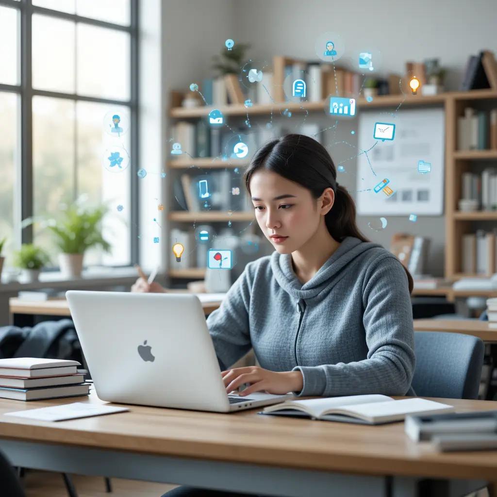 A college student sitting at a desk with a laptop, brainstorming essay ideas